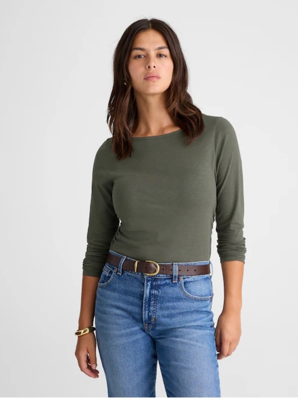 Ruched Crewneck Long-Sleeve Tee in Soft Slub NWT